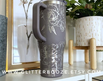 Engraved Floral 40oz tumbler, 40oz handle cup, peony rose magnolia tumbler, flower tumbler, MAARS Charger, gift for her, Stanley alternative