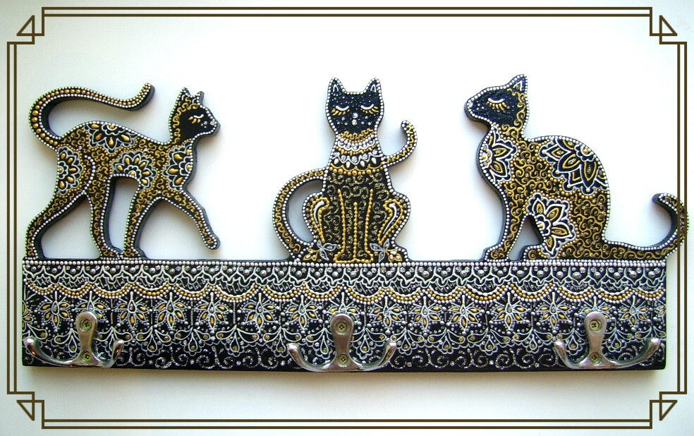 Cats clothes hanger hooks for bags mandala cats wooden hanger Etsy