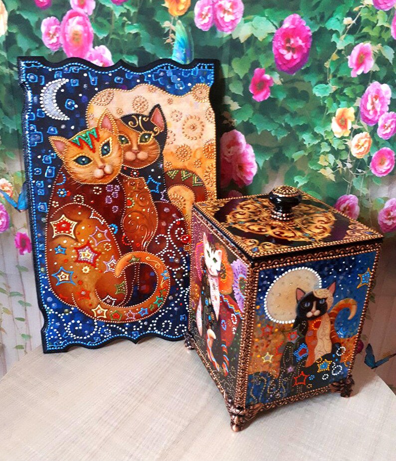Set with cats house decor cats box painting wooden cat box cat Etsy
