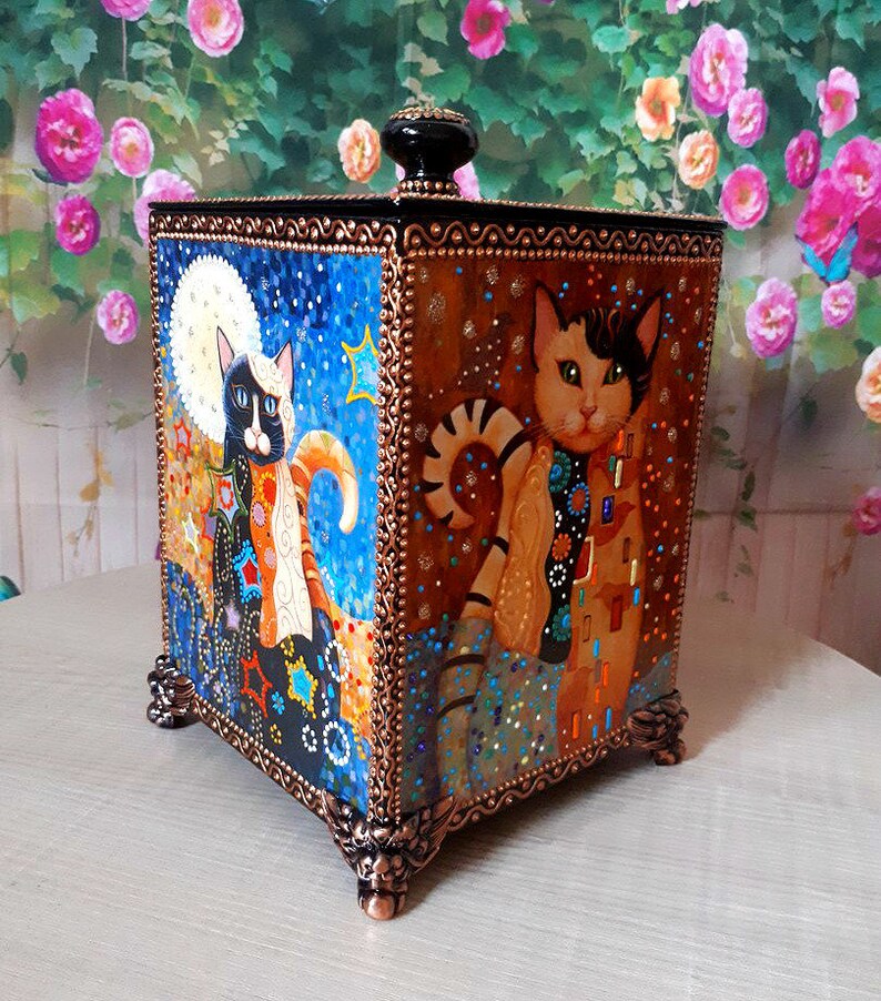 Set with cats house decor cats box painting wooden cat box cat Etsy
