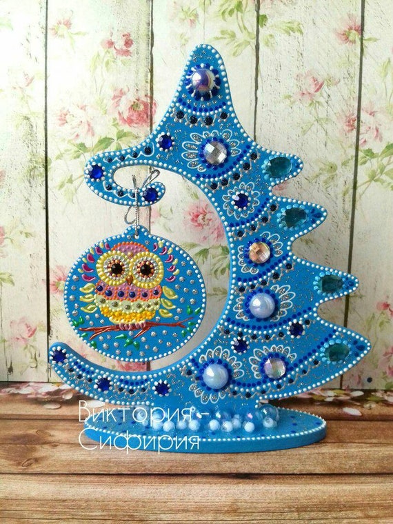 Wood Christmas Trees Owl Blue Tabletop Christmas Decoration Etsy