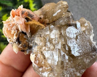 May include: A raw, natural mineral specimen featuring a cluster of light brown and tan crystals. The specimen has a rough, textured surface with areas of crystalline structure. A smaller, coral-like formation in shades of peach and brown is attached.