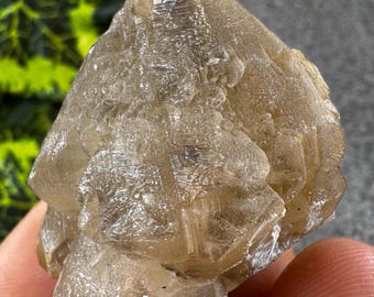 May include: A raw, light brown crystal cluster with a textured surface. The crystal is held in a hand, with green and yellow foliage visible in the background. The crystal's shape is irregular and natural.