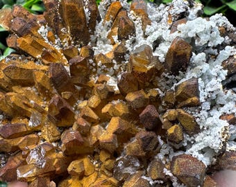 May include: A cluster of golden-brown quartz crystals with a white and gray matrix. The crystals are sharply pointed and densely packed, creating a textured, natural appearance. The quartz is set against a backdrop of green foliage.