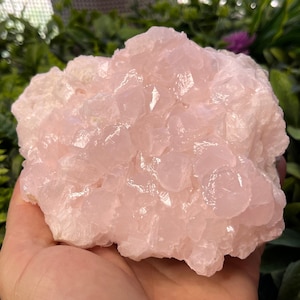 Puede incluir: Un gran cúmulo de cristales de selenita rosa. Los cristales son translúcidos y tienen una superficie lisa y pulida.