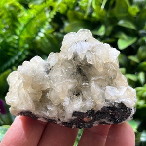 Puede incluir: Un cúmulo de cristales de calcita blancos con una base metálica gris. Los cristales están agrupados en una formación natural rugosa.