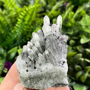 Puede incluir: Un cúmulo de cristales de cuarzo transparentes con inclusiones negras. Los cristales están dispuestos en forma puntiaguda, asemejándose a una torre. La base del cúmulo está cubierta por una capa de material gris y verde.