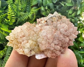 May include: A cluster of raw, crystalline mineral formations featuring a gradient of pale pink and soft golden-yellow hues. The surface is composed of numerous small, pointed, translucent crystal points that create a textured, jagged appearance.