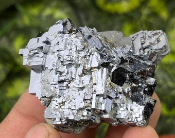 May include: A cluster of gray and black galena crystals with a metallic sheen. The crystals are arranged in a random pattern and have a rough, textured surface.