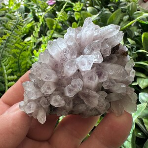 Pode incluir: Um aglomerado de cristais de ametista com um tom roxo claro. Os cristais estão dispostos em uma formação densa e pontiaguda, criando uma peça visualmente atraente e texturizada.