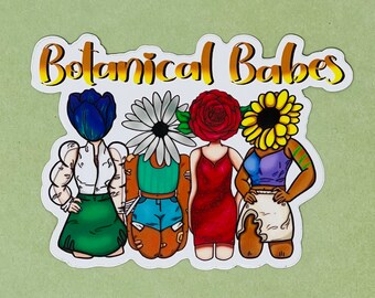 Botanical Babes pegatina impermeable / pegatina de plantas / girasol, tulipán, rosa, margarita / diseño original