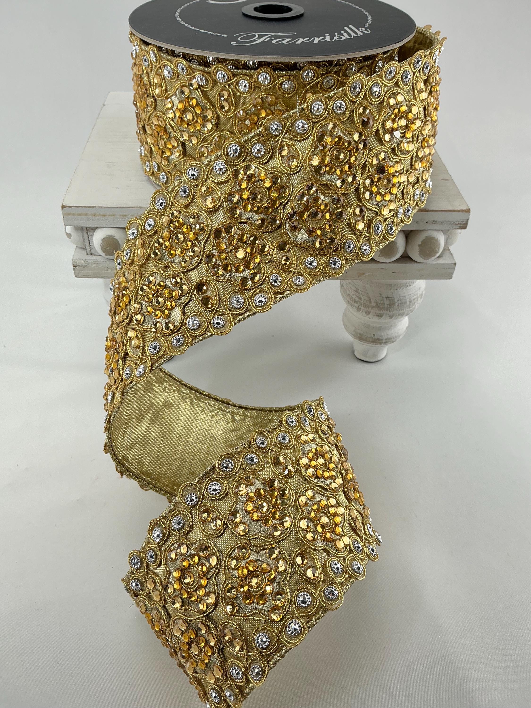 Jewled Ribbon Gold Jeweled Christmas Ribbon: Farrisilk Wired Edge, 2.5