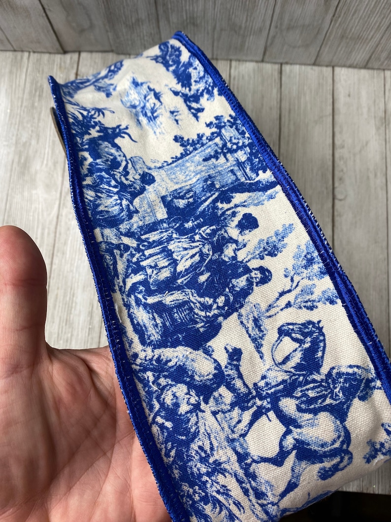 Blue toile ribbon Christmas wired ribbon 4 blue and Etsy