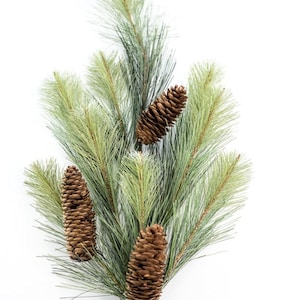 May include: A faux pine branch with three brown pinecones. The branch has long, thin, green needles and a brown stem. The pinecones are a rich brown color and have a textured surface. The background is white.