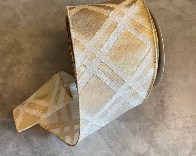 White and Champagne Gold Ribbon Christmas Wired Ribbon Etsy