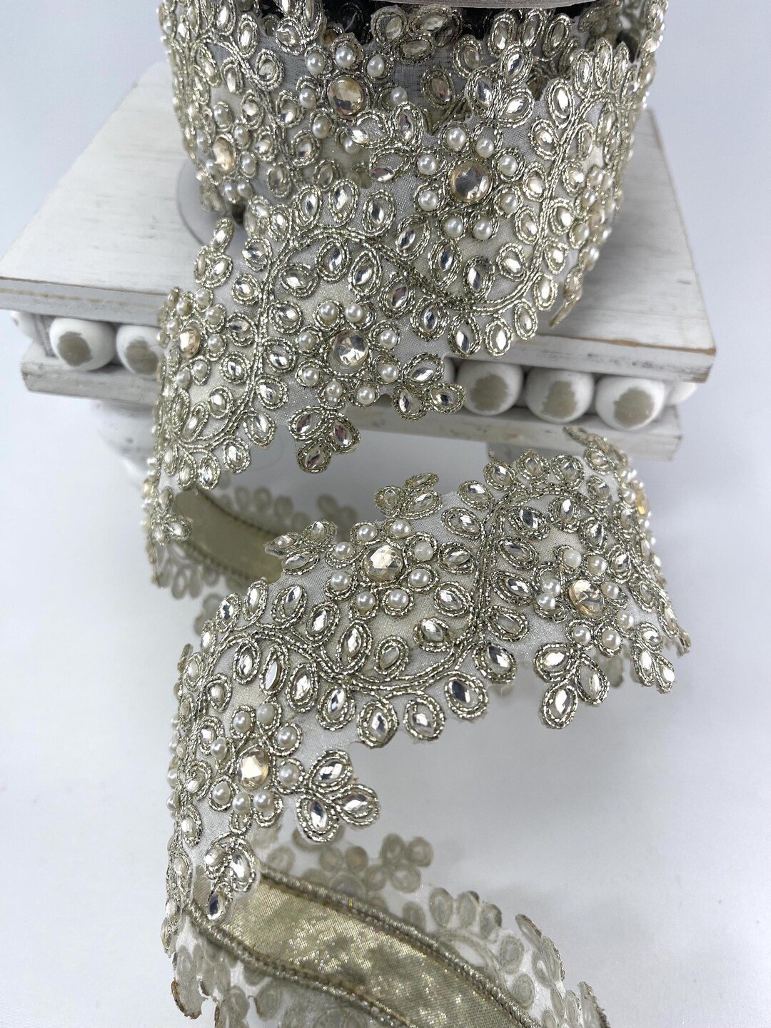 Platimum Christmas Ribbon, Platinum Farrisilk Pearl and Crystal Gem ...