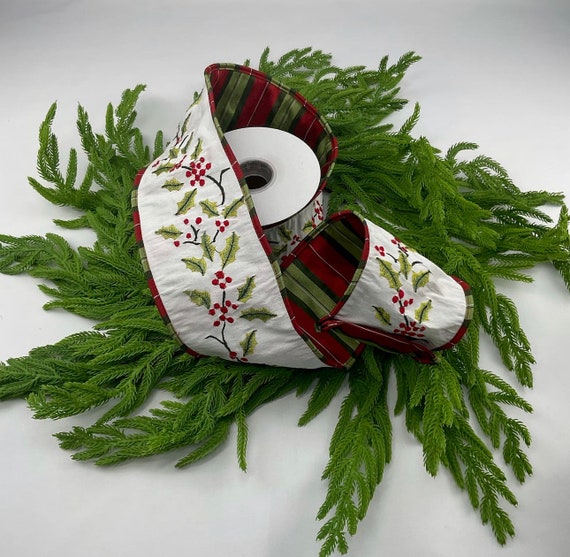 Wired Holly Wine Embroidered Ribbon, 4 Inches Wde