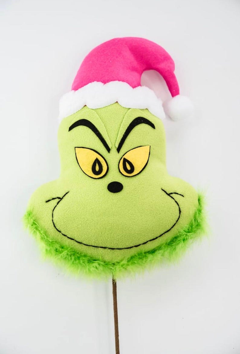 Green Fluffy Green Monster Head With Pink Santa Hat, Pink Christmas