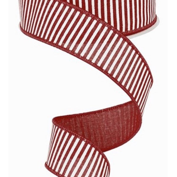 10 YARDS Burgundy with white stripe ribbon 1.5" dark red and white stripes wired ribbon, ribbon for wreaths, wreath supplies,