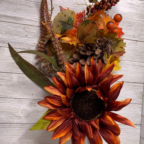 Sunflower and leaves pick, rust sunflowers, fall decor, artificial fall flowers, artificial sunflowers, fall pinecone and berries pick