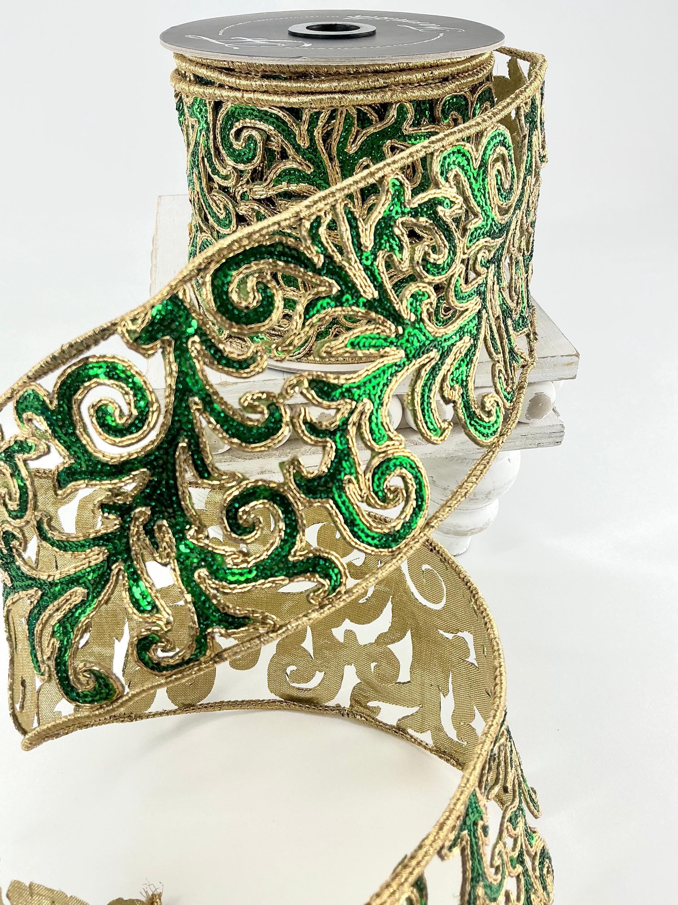Farrisilk Emerald Green and Gold Ribbon, Emerald Green Sequin Acanthus ...