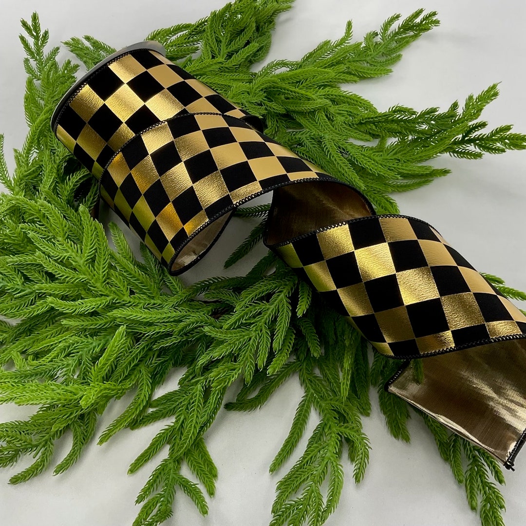 Black and Gold Ribbon 4 Check Ribbon Checkered Christmas Etsy