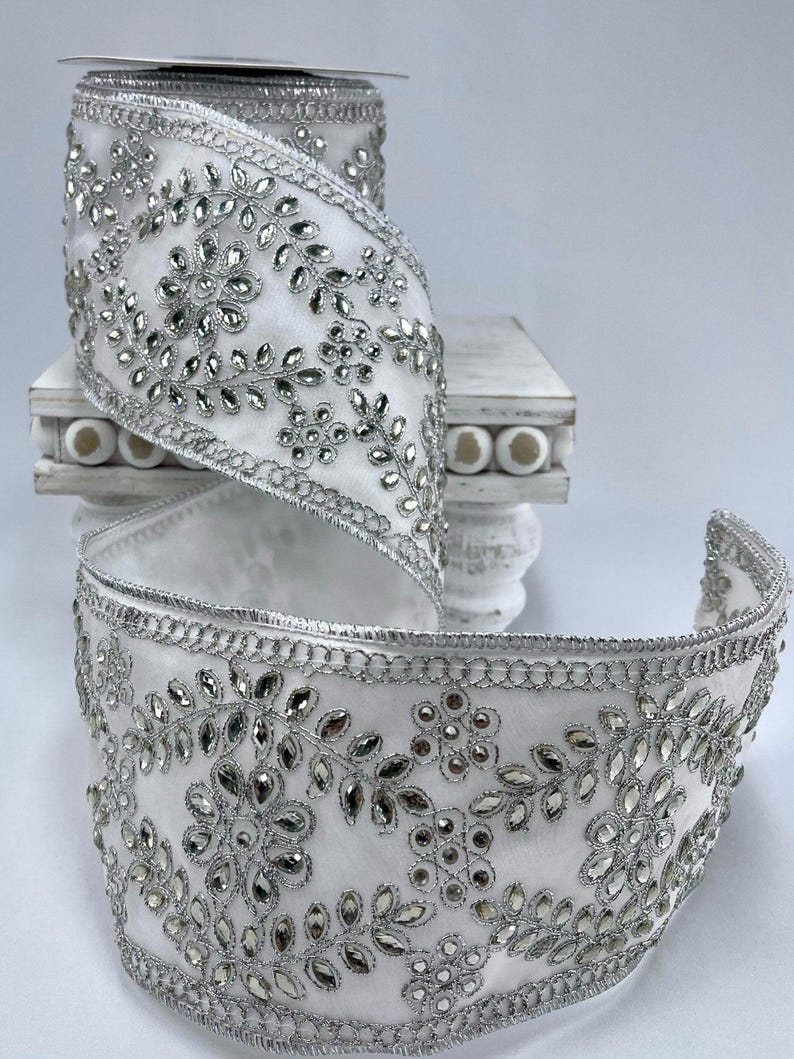 Jewled Ribbon White Jeweled Scroll 4” Wired Ribbon - Etsy