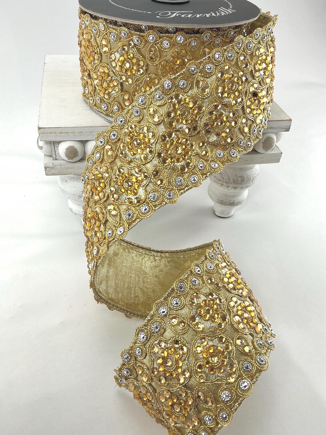 Jewled Ribbon Gold Jeweled Christmas Ribbon: Farrisilk Wired Edge, 2.5