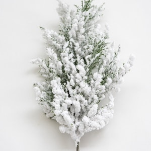 May include: A single artificial evergreen branch covered in white snow. The green needles are visible beneath the snow, and the stem is a dark brown color. The branch is set against a plain white background.