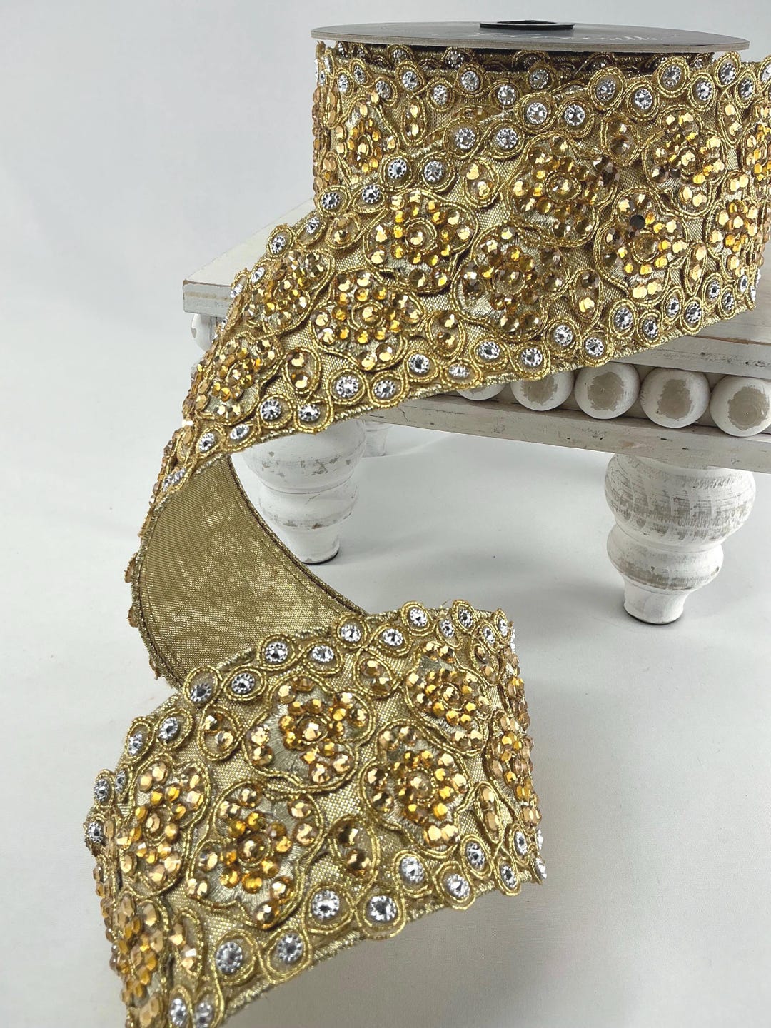Jewled Ribbon Gold Jeweled Christmas Ribbon: Farrisilk Wired Edge, 2.5