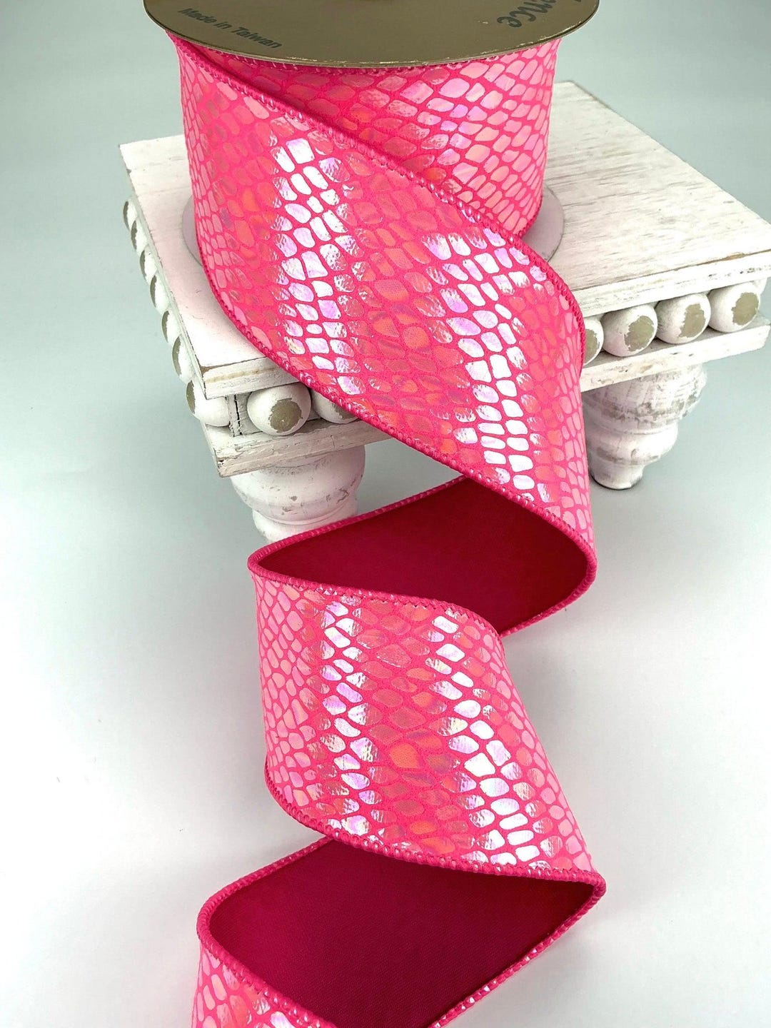Metallic Pink Irridescent Pattern Wired Ribbon 2.5” Hot Pink Iridescent ...