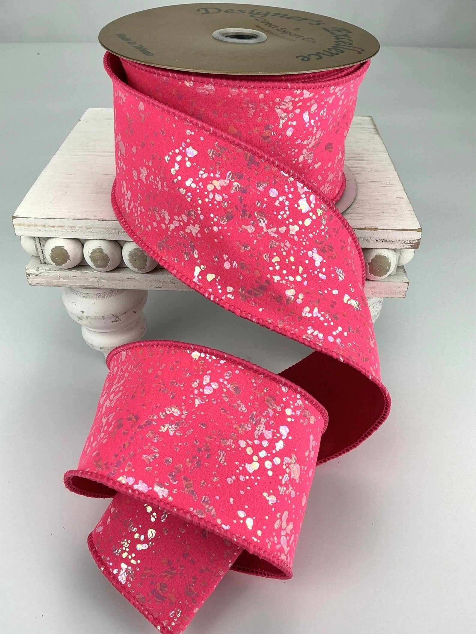 Pink Ribbon Xmas Hot Pink Wired Ribbon, Pink Christmas Ribbons, Iridescent Splatter ...