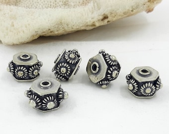 2pcs - Sterling silver hexagon bead shape handcrafted, silver bead, Bali beads, antique finish, jewelry components, 7.5x11mm