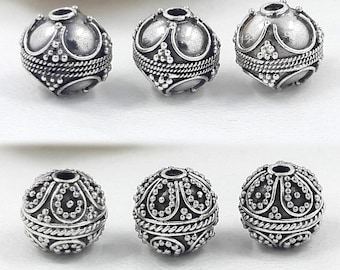 3 Stück | 8,5 mm Bali-Perlen aus Sterlingsilber, handgefertigte Perlen, Schmuckherstellungszubehör, Bali-Perlen-Stil, oxidiertes Antik-Finish.