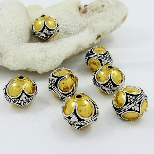 2pcs of 12mm Vermeil gold on sterling silver Bali beads handmade, Combination beads, gold black silver