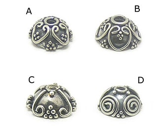 6 pieces Bali handmade sterling silver ornate bead caps, jewelry components, Bali style