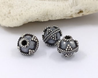 3pcs 8mm Handmade Bali sterling silver beads Jewelry making supplies Bali beads style oxidized antique finish.