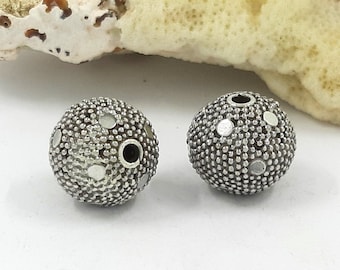Sterling Silver Bali Beads, Handmade Granulated Jewelry (2pcs) 12.5mm