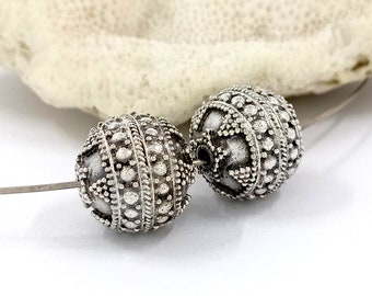 Handmade Oxidized Sterling Silver Bali Beads, 14mm (2 Pieces)