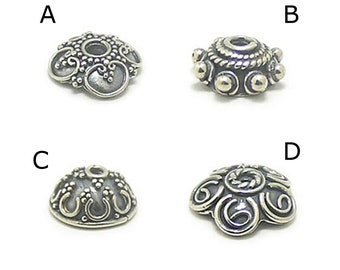 2 pieces Bali handmade sterling silver ornate bead caps, jewelry components, Bali style