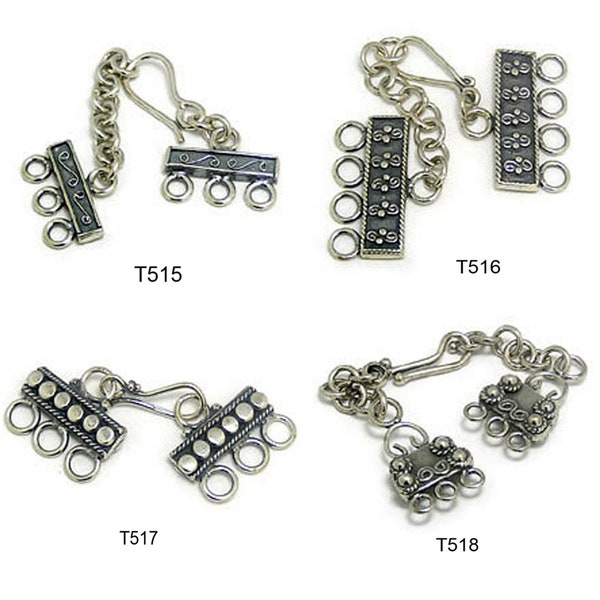 1 set of Sterling silver with extension and multi strand clasp toggles, triple and four strand, Bali silver clasp, oxidized antique finish