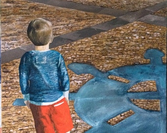 Boy looking at the river. Painting.