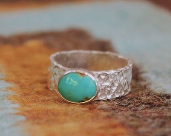 sky turquoise wide hammered silver band ring 12.5 handmade by Stampede Silver Co made in Portland Oregon western desert jewelry