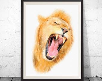 Lion face print, lion print, lion poster, animal poster, lion wall decor, lion painting, lion watercolor, lion nursery print lion home decor