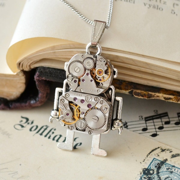 Steampunk Robot Necklace, Necklace Robot, Robot Pendant, Industrial Neclace, Andriod Pendant, Steampunk Pendant, Steampunk Gift, Steampunk