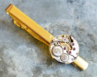 Watch Movement Tie Clips, Steampunk tie clip, Wedding Groom, Gold Tie Clip , tie clips men, Tie Clips for groom, Best Man, Gift for mens