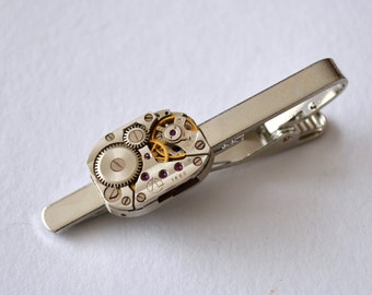 Watch Movement Tie Clips, Steampunk, Vintage, Wedding Groom, Gift Mens, Retro Present, Clockwork Tie Clips, Best Man, Gift Ideas, for men