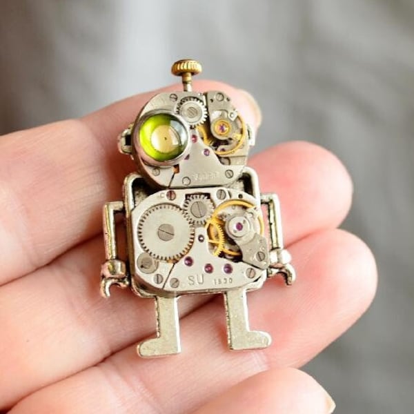 Broche Robot/ Ojo verde Robot Steampunk Broche/ Broche robot divertido/ Mr Robot/ Broche industrial/ Android/ Regalo de los amantes de los robots/ Regalos geniales