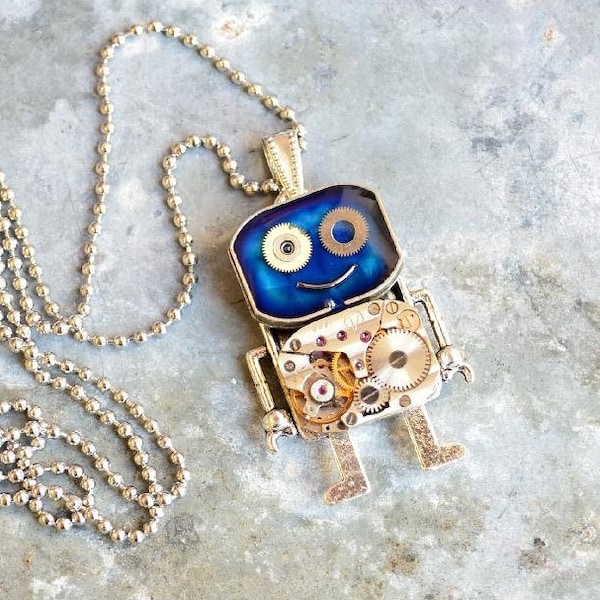 Blue Robot Steampunk necklace/ Robot Necklace/ Robot pendant/ Industrial/ Andriod/ Fancy necklace/ Blue Necklace/ Robot lovers gift/ Cool