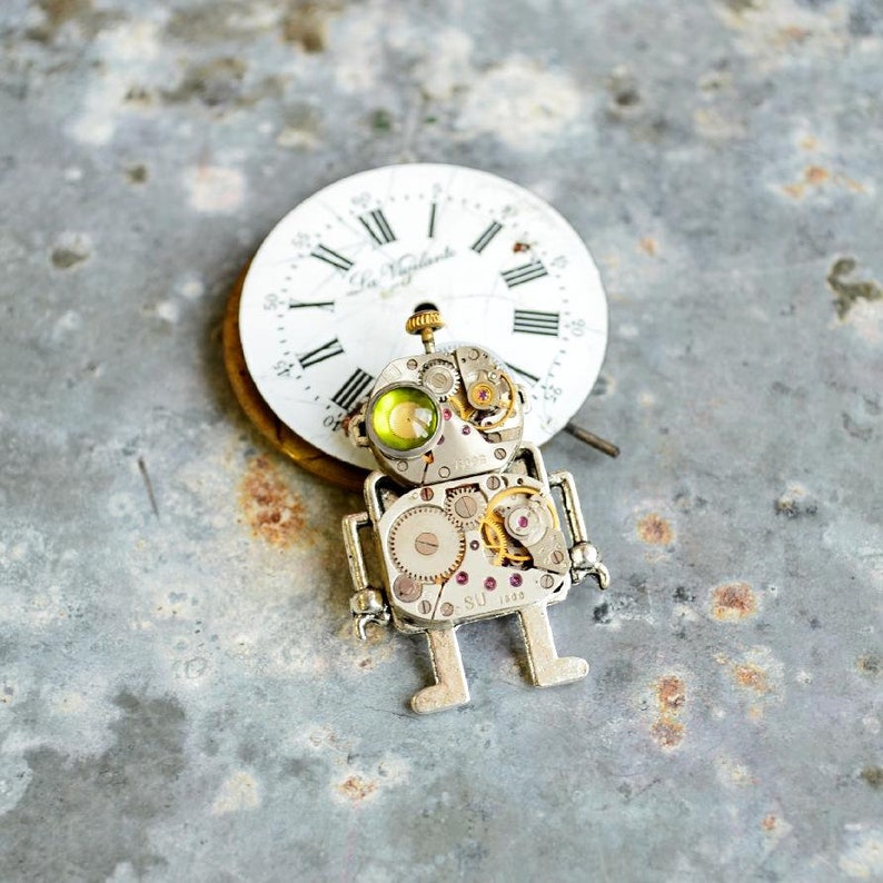 Brooch Robot/ Green eye Robot Steampunk Brooch/ Funny Robot Brooch/ Mr Robot/ Industrial Brooch/ Android/ Robot lovers gift/ Cool Gifts image 4